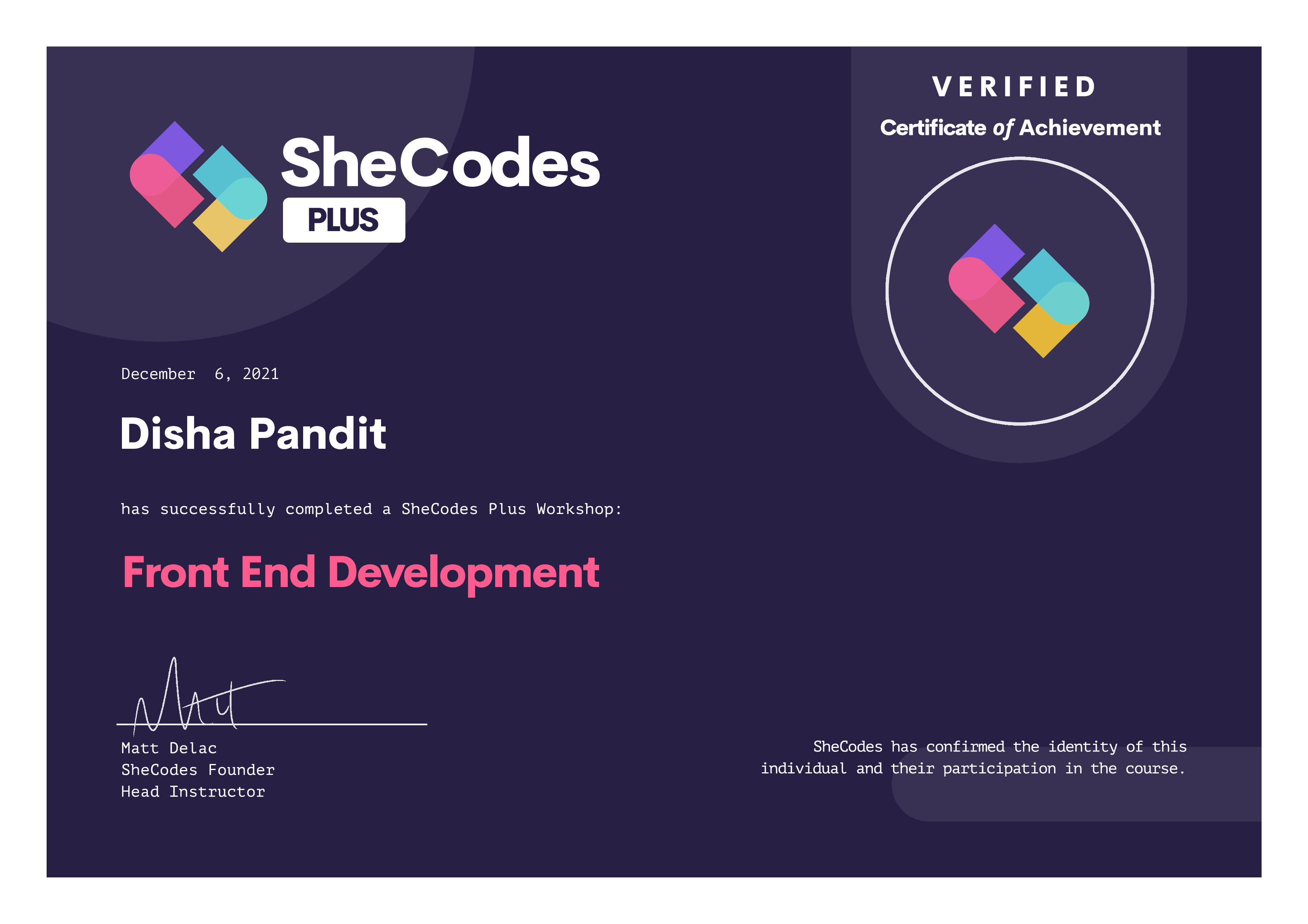 SheCodes 'Front End Developement' Certificate